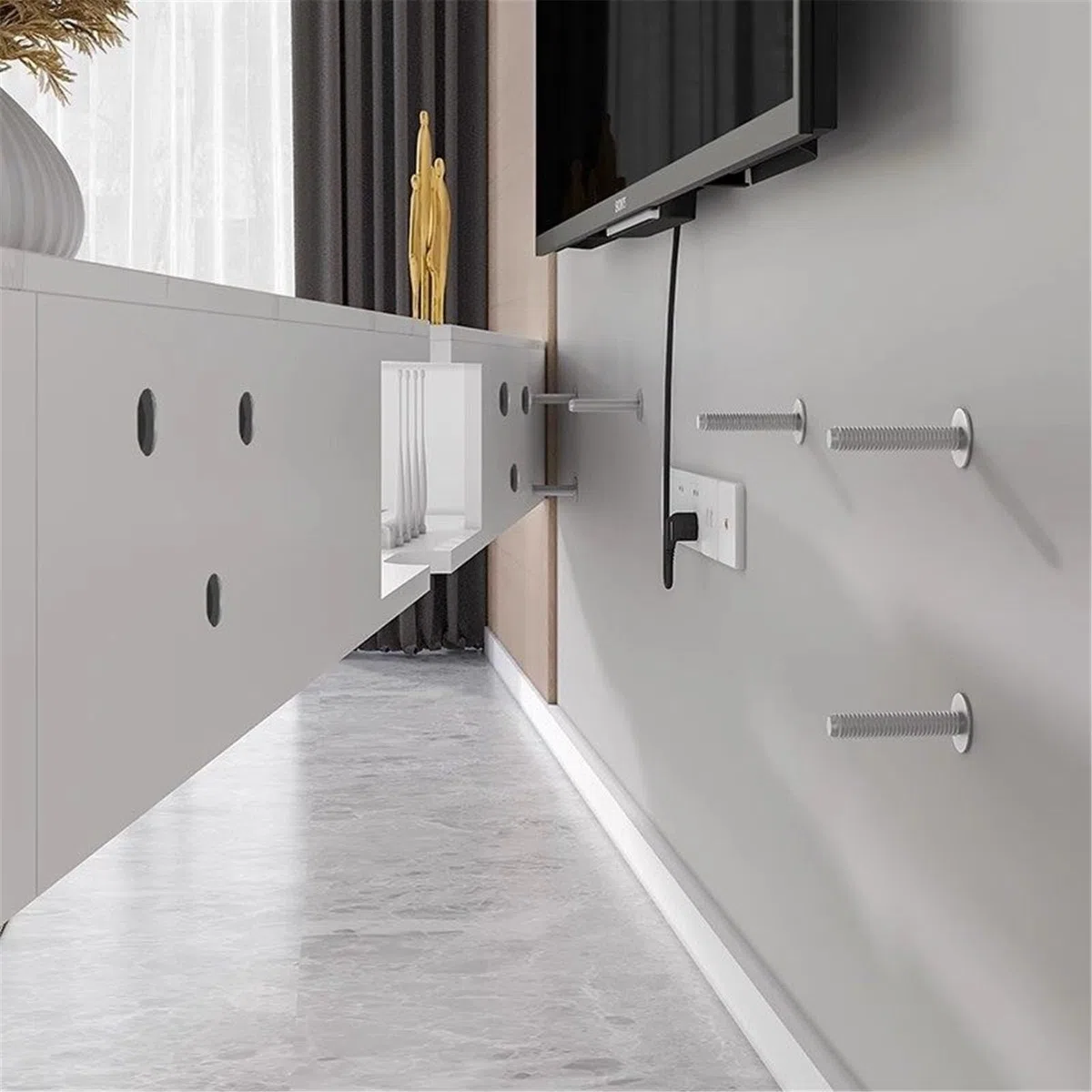 Soporte TV Pared Mueble for TV montado en la Pared Consola Central de Entretenimiento Estilo Minimalista Moderno, Acabado losa Mueble de TV con estantes