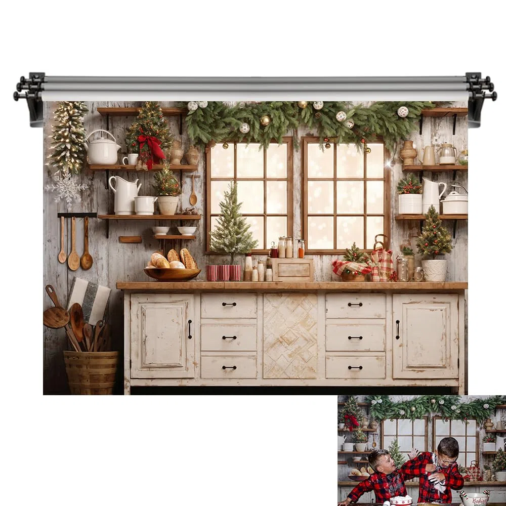 Kate Telón de fondo de Navidad de 3 x 2,5 m para cocina, estilo rústico, fondo fotográfico, accesorios de estudio fotográfico