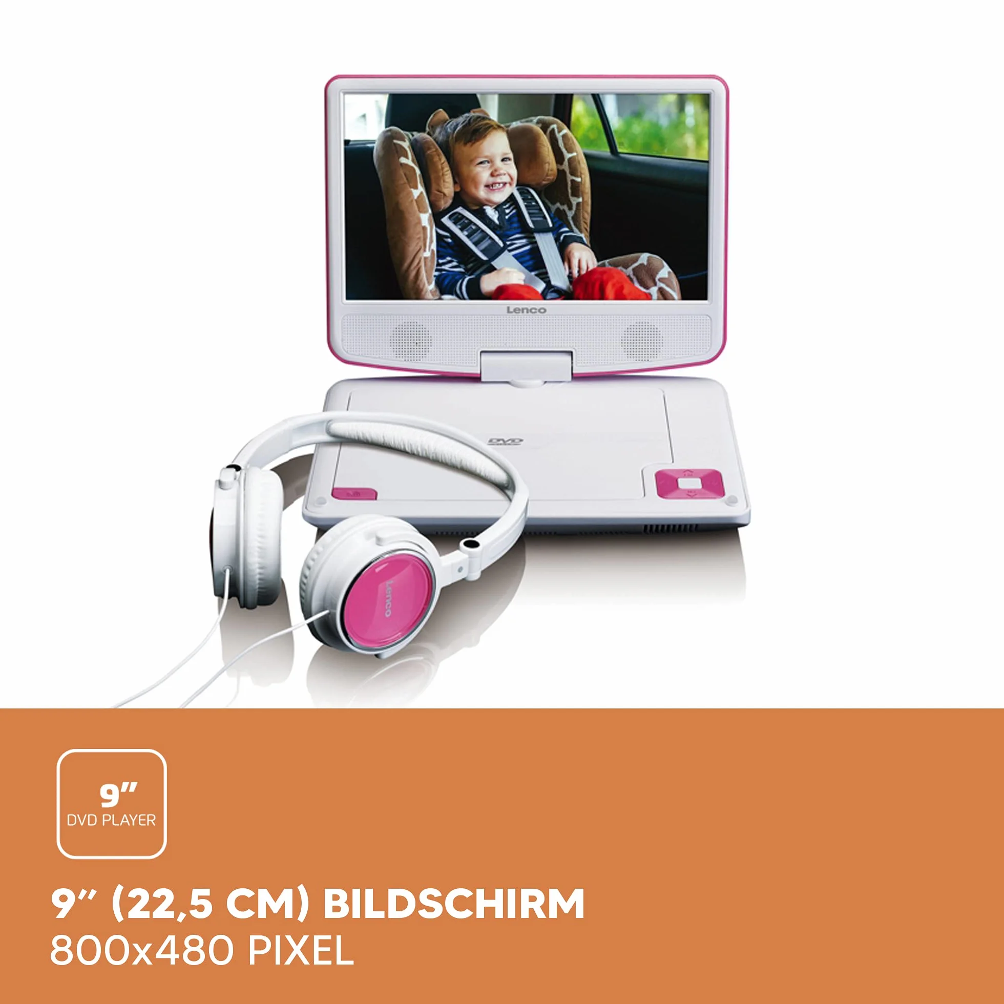 Lenco DVP-910 Reproductor de DVD portátil Convertible Negro, Rosa 22,9 cm (9") - Reproductor portátil (Reproductor de DVD portátil, Convertible, Negro, Rosa, CD,DVD, 22,9 cm (9"), TFT)