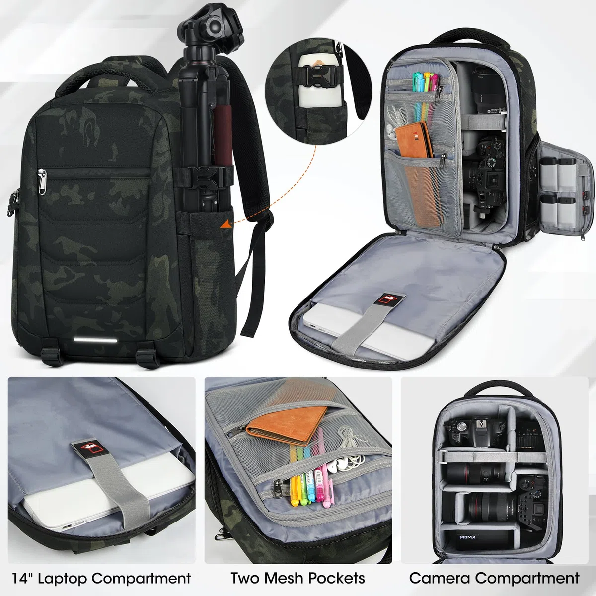 Mochila profesional para cámara réflex digital, sin espejo, impermeable, mochila para portátil de 14 pulgadas con cubierta para lluvia, antirrobo, funda para cámara de viaje, mochila de fotografía de