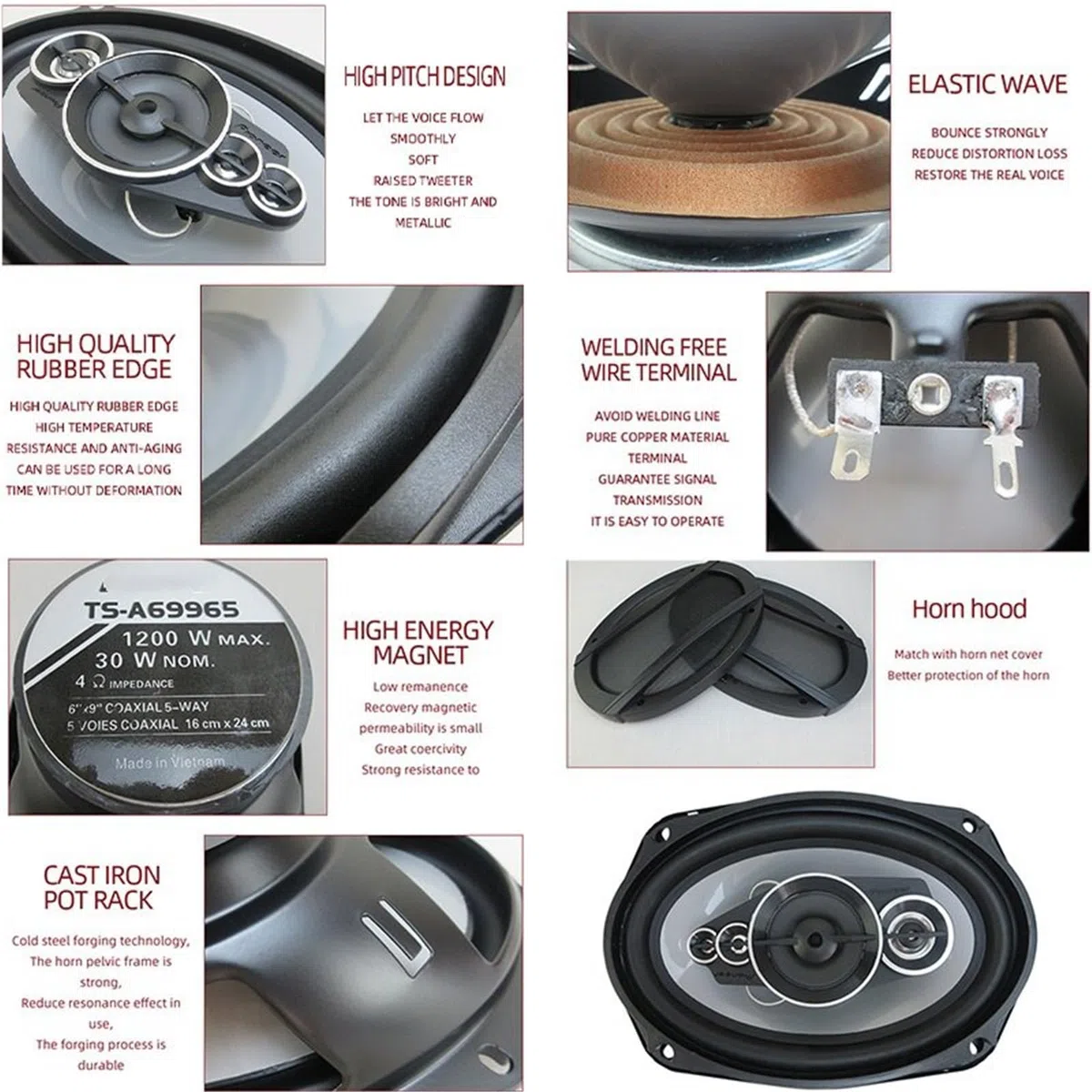 Audio para Coche Tweeters para Coche 2 Altavoces coaxiales de Alta fidelidad de frecuencia Completa de 5 vías para automóvil, 6 x 9 Pulgadas (2 x 1200 W), 2400 W, modificados