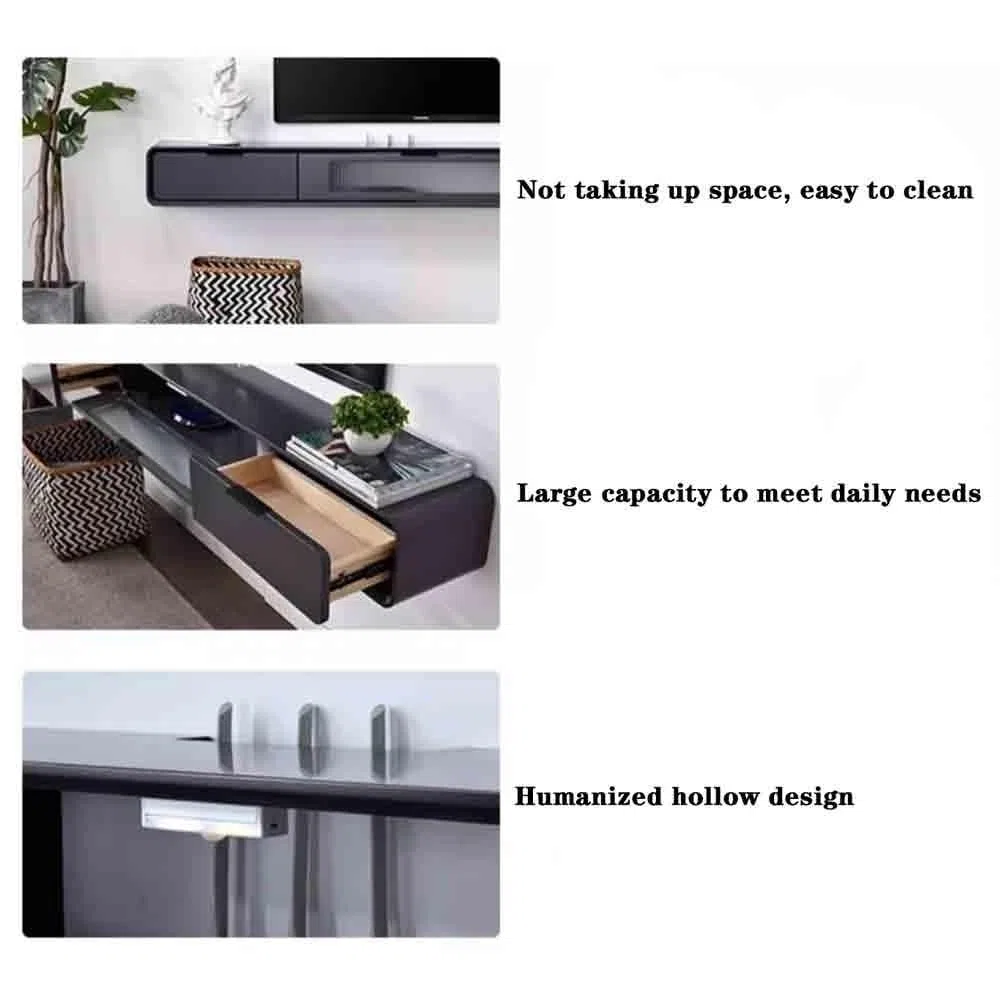 Soporte flotante para TV, estilo moderno, montado en la pared, estantes flotantes con puerta y cajones de cristal, armario de almacenamiento flotante para debajo de televisores (gris, 180 x