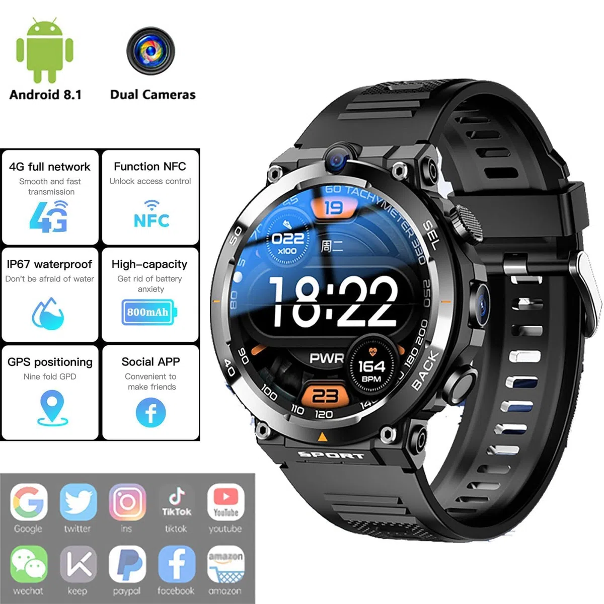 Reloj inteligente con tarjeta SIM 4G con pantalla redonda, cámaras duales, NFC y diseño impermeable para comunicación y fitness