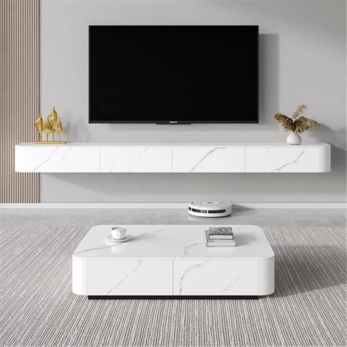 Soporte TV Pared Mueble for TV montado en la Pared Consola Central de Entretenimiento Estilo Minimalista Moderno, Acabado losa Mueble de TV con estantes