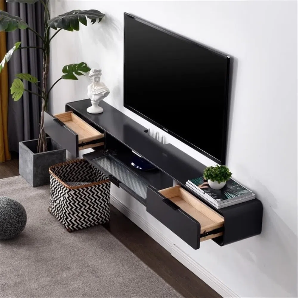 Soporte flotante para TV, estilo moderno, montado en la pared, estantes flotantes con puerta y cajones de cristal, armario de almacenamiento flotante para debajo de televisores (gris, 180 x