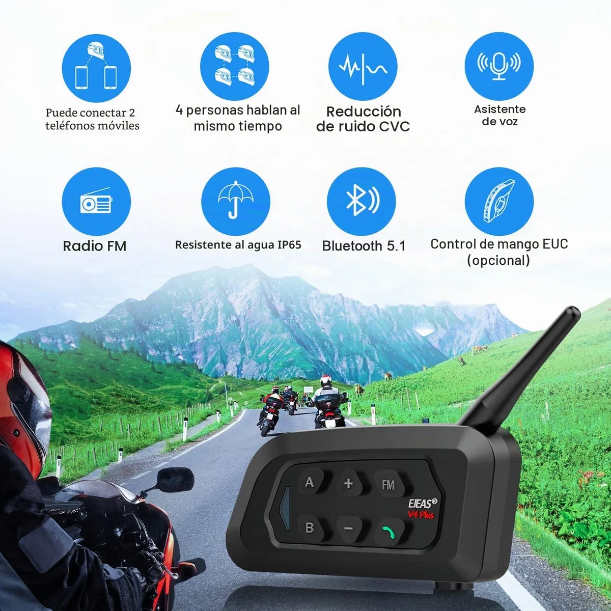 EJEAS V4C Sistema de comunicación Bluetooth Auriculares de árbitro Auriculares Bluetooth de 4 vías con cancelación de Ruido, IP65 a Prueba de Agua, intercomunicador de 1500M (2 Piezas)