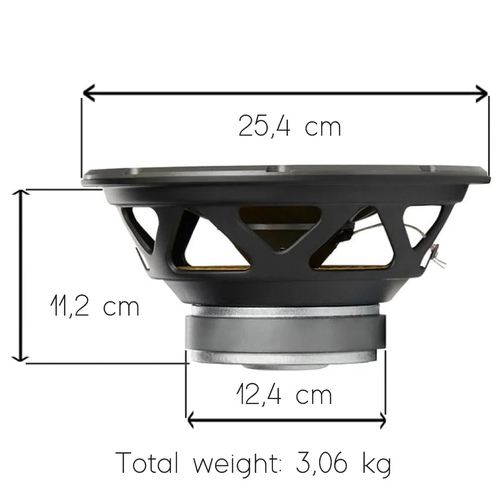 Kit Set para JBL Stage 102, 1 subwoofer de 25 cm 250 mm 10", Bobina Simple de 4 ohmios, 225 vatios RMS y 900 vatios máx, para maleteros, 1 Unidad + Conector faston Incluido