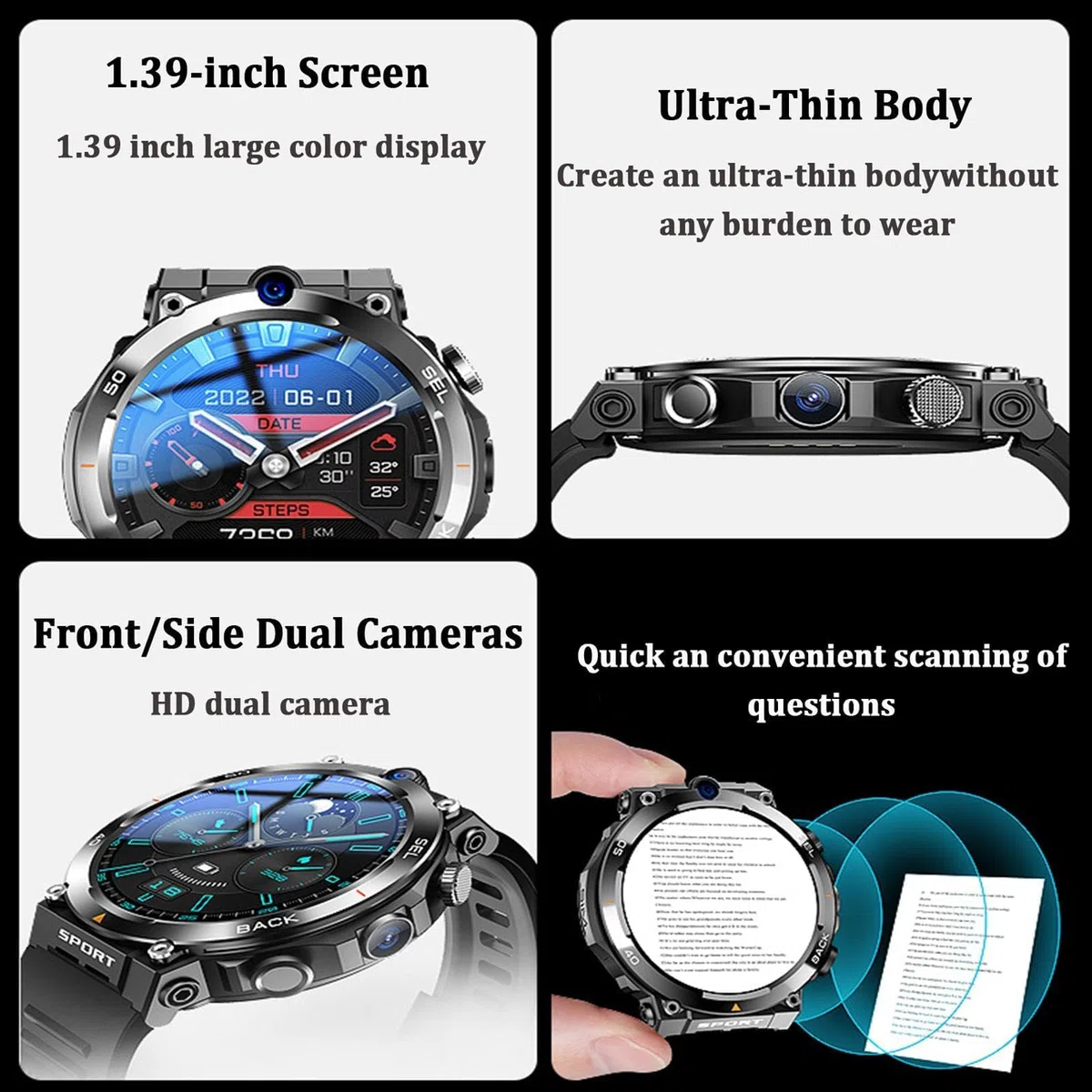 Reloj inteligente con tarjeta SIM 4G con pantalla redonda, cámaras duales, NFC y diseño impermeable para comunicación y fitness