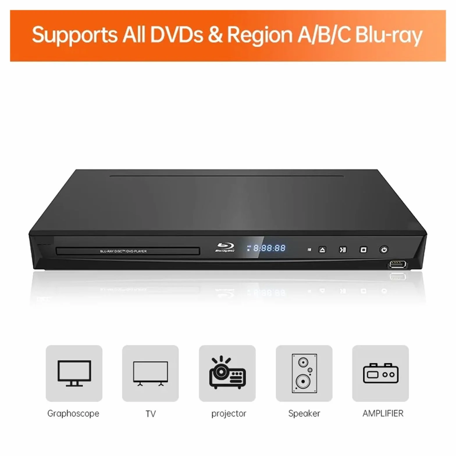 Reproductor de DVD, Reproductor de BLU-Ray G3005 3D Portátil 5.1 Canales Admite Decodificación 1080P HD Área Completa para Smart TV y caravanas