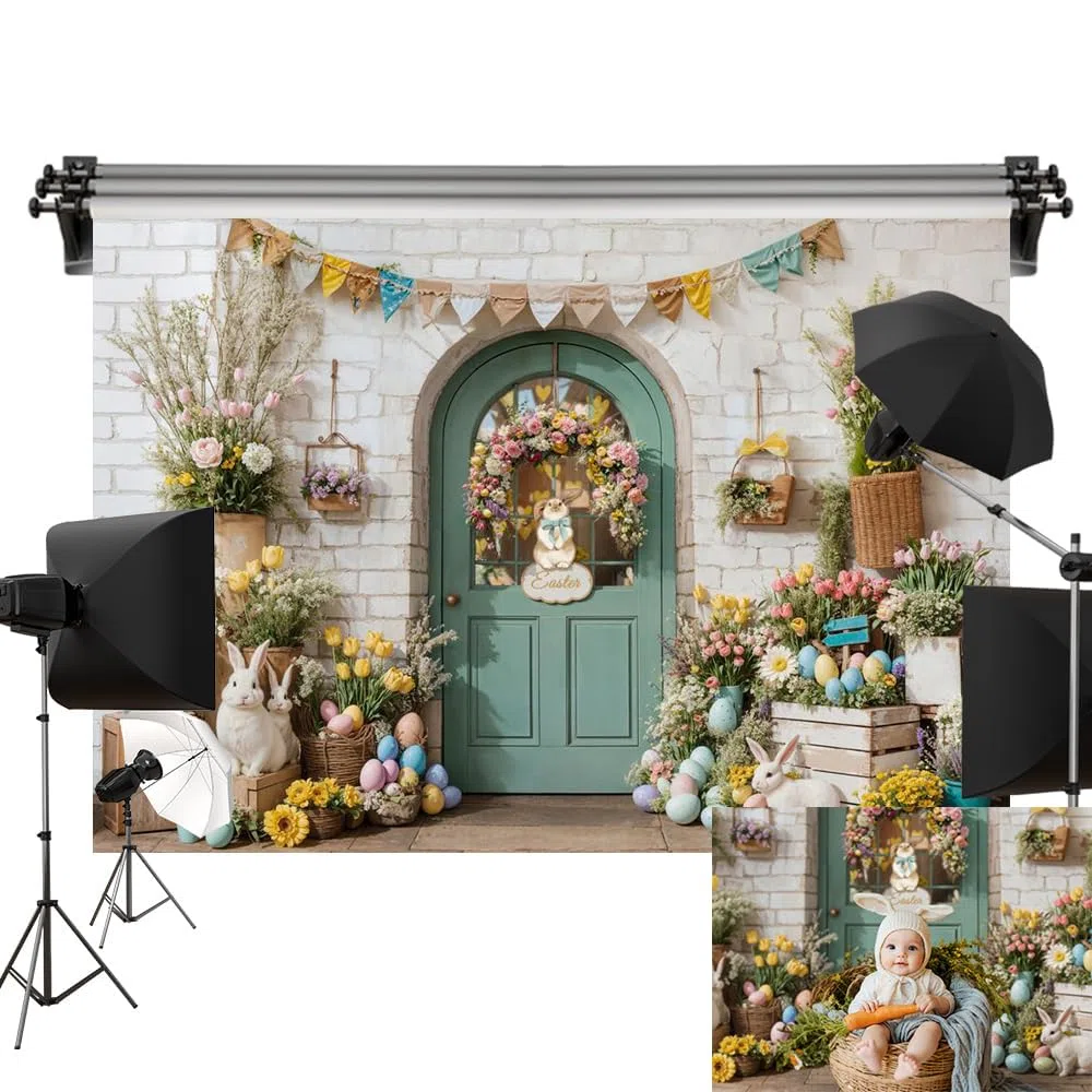 Kate Telón de fondo de Pascua de 3 x 2,5 m para fotografía, conejo, huevos coloridos, pared de ladrillo, fondo de sesión de fotos, accesorios de estudio de video fotográfico