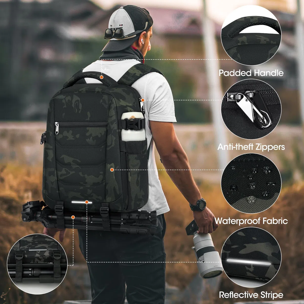 Mochila profesional para cámara réflex digital, sin espejo, impermeable, mochila para portátil de 14 pulgadas con cubierta para lluvia, antirrobo, funda para cámara de viaje, mochila de fotografía de