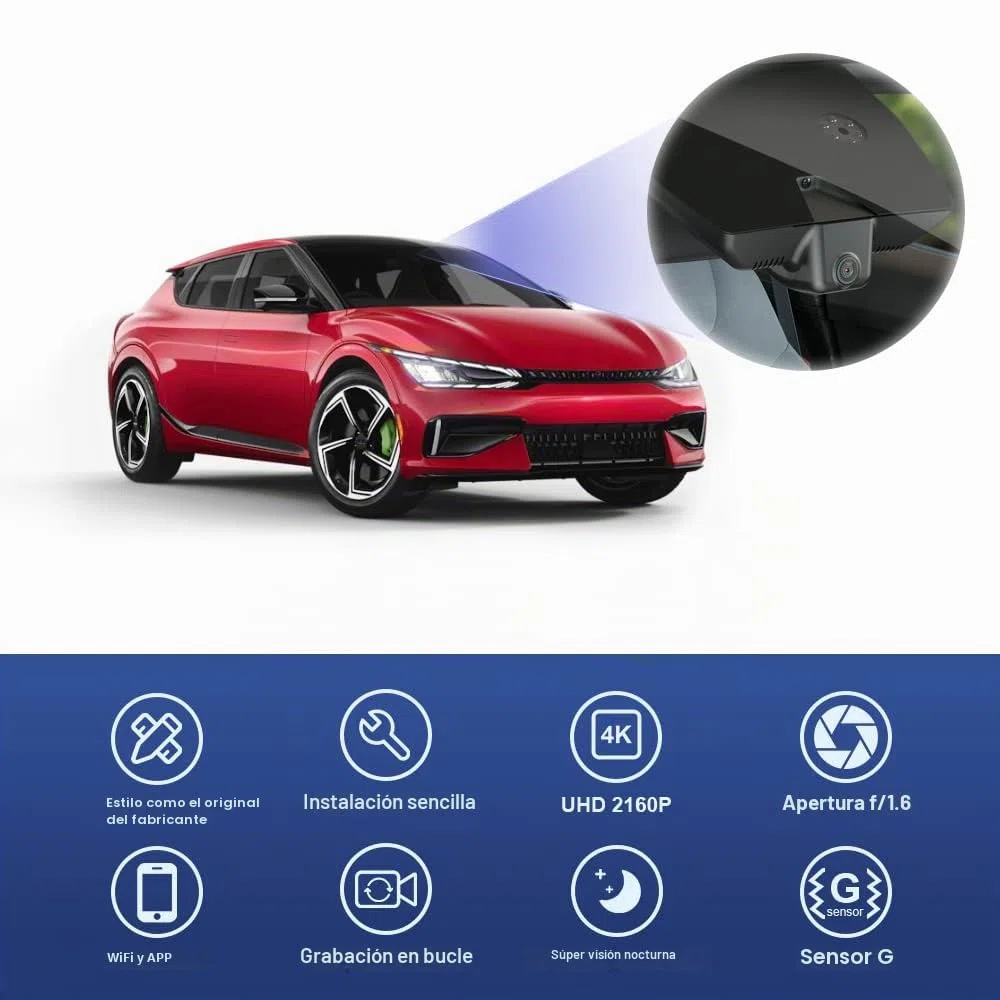 Fitcamx Dashcam Adecuada para Kia EV6 GT 2022 2023 2024 GT-Line Light Wind, OEM Camara Coche 4K 2160P UHD WiFi, G-Sensor, Visión Nocturna, Grabación en Bucle, WDR Dash cam, Plug&Play, Tarjeta de 64 GB