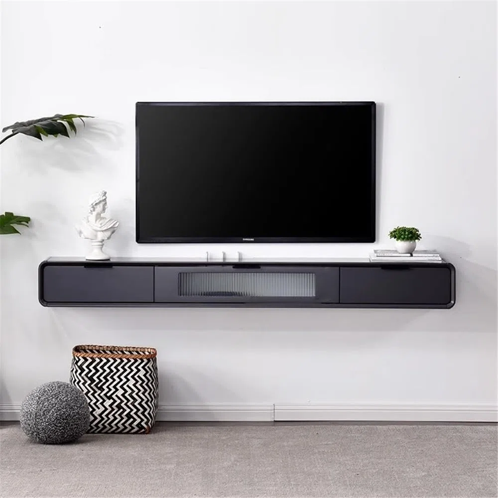 Soporte flotante para TV, estilo moderno, montado en la pared, estantes flotantes con puerta y cajones de cristal, armario de almacenamiento flotante para debajo de televisores (gris, 180 x