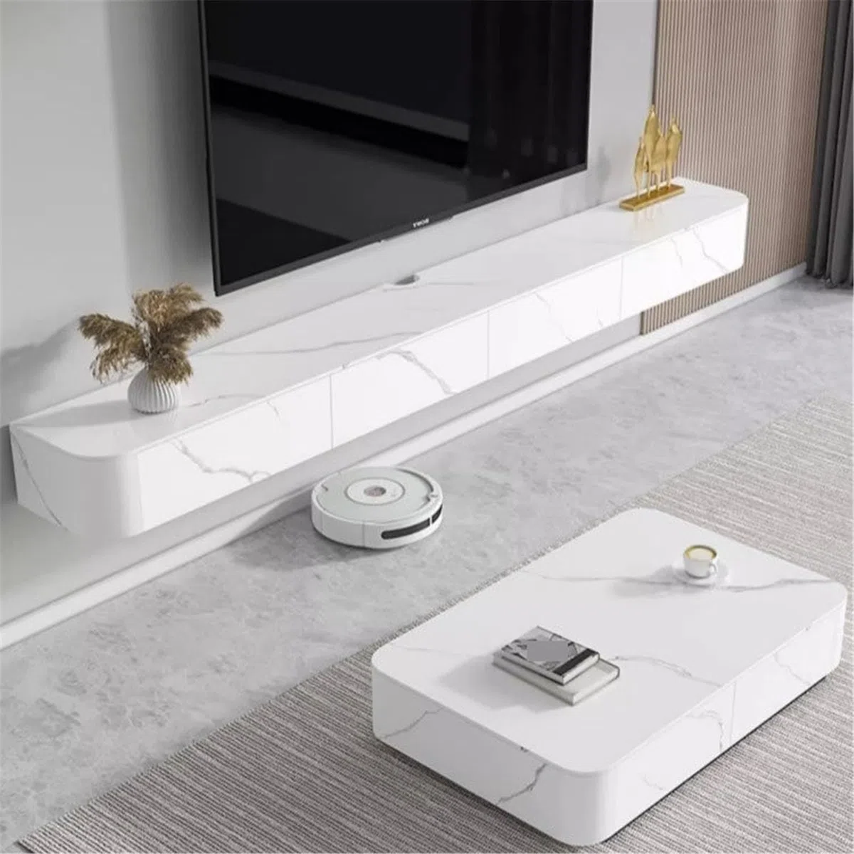 Soporte TV Pared Mueble for TV montado en la Pared Consola Central de Entretenimiento Estilo Minimalista Moderno, Acabado losa Mueble de TV con estantes