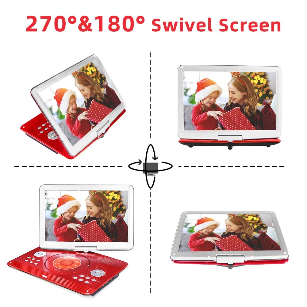 HotHat Reproductor de DVD portátil de 16.9 pulgadas con batería recargable de 6 horas y 5000 mAh, reproductor de DVD de coche portátil con visualización giratoria grande de 14.1 pulgadas,