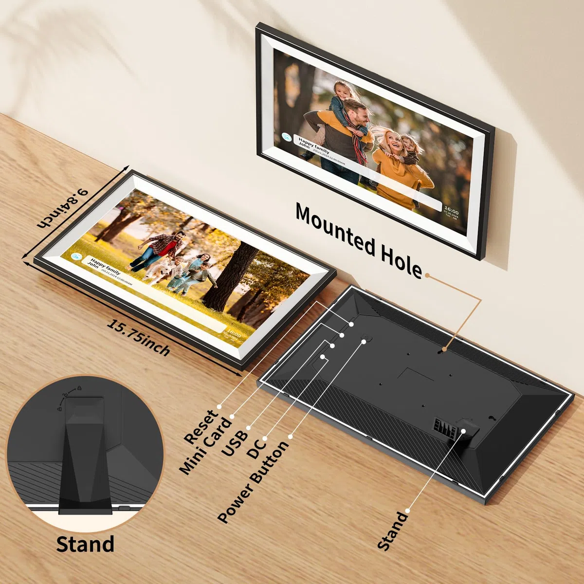 Marco de fotos digital, marco de fotos digital Frameo de 15.6 pulgadas, pantalla táctil LCD IPS de 1920 x 1080, rotación automática, 32 GB, soporta tarjetas SD, comparte momentos al instante a través