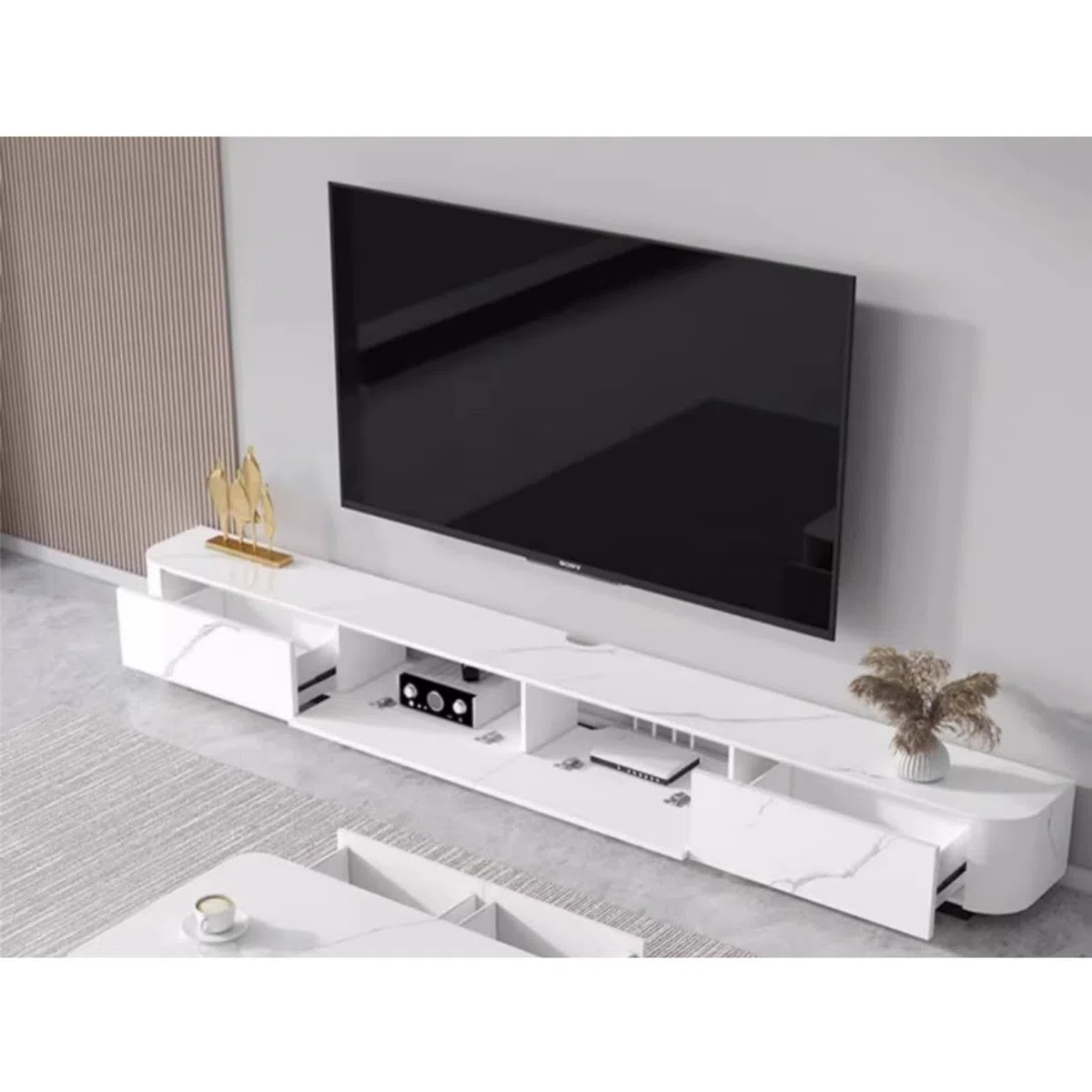 Soporte TV Pared Mueble for TV montado en la Pared Consola Central de Entretenimiento Estilo Minimalista Moderno, Acabado losa Mueble de TV con estantes
