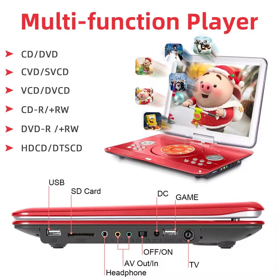 HotHat Reproductor de DVD portátil de 16.9 pulgadas con batería recargable de 6 horas y 5000 mAh, reproductor de DVD de coche portátil con visualización giratoria grande de 14.1 pulgadas,