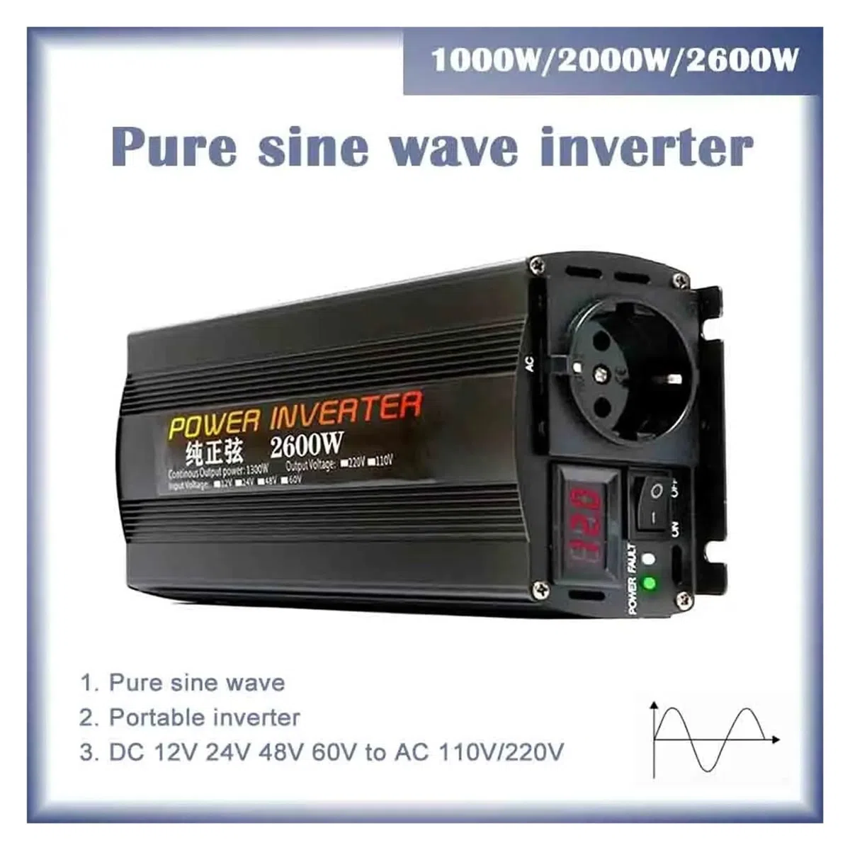 Inversores Solares para Coche 12 V 220 V para 110 V Onda Sinusoidal Pura CC 12 V 24 V 1000 W con Pantalla Digital Única Convertidor(48V,220V(50Hz),Universal)