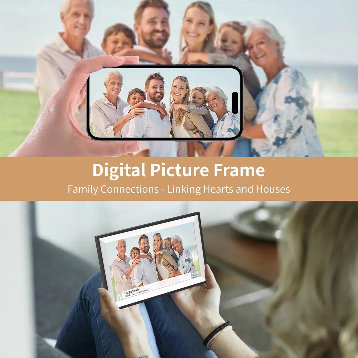 Marco de fotos digital, marco de fotos digital Frameo de 15.6 pulgadas, pantalla táctil LCD IPS de 1920 x 1080, rotación automática, 32 GB, soporta tarjetas SD, comparte momentos al instante a través